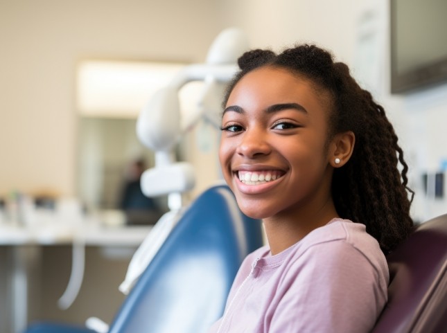 Smiling teenage girl sitting in dental chair