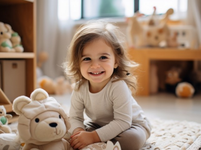 Toddler girl smiling and sitting on floor with stuffed animals