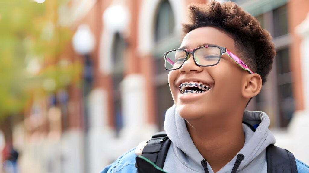 Boy with braces wearing glasses and a backpack